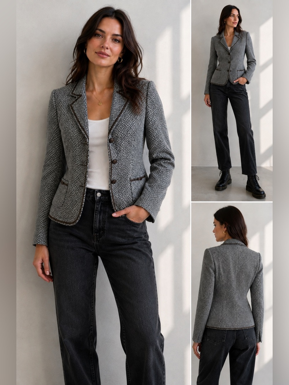 Tahari Geometric Tweed Blazer in Light Blue and Navy